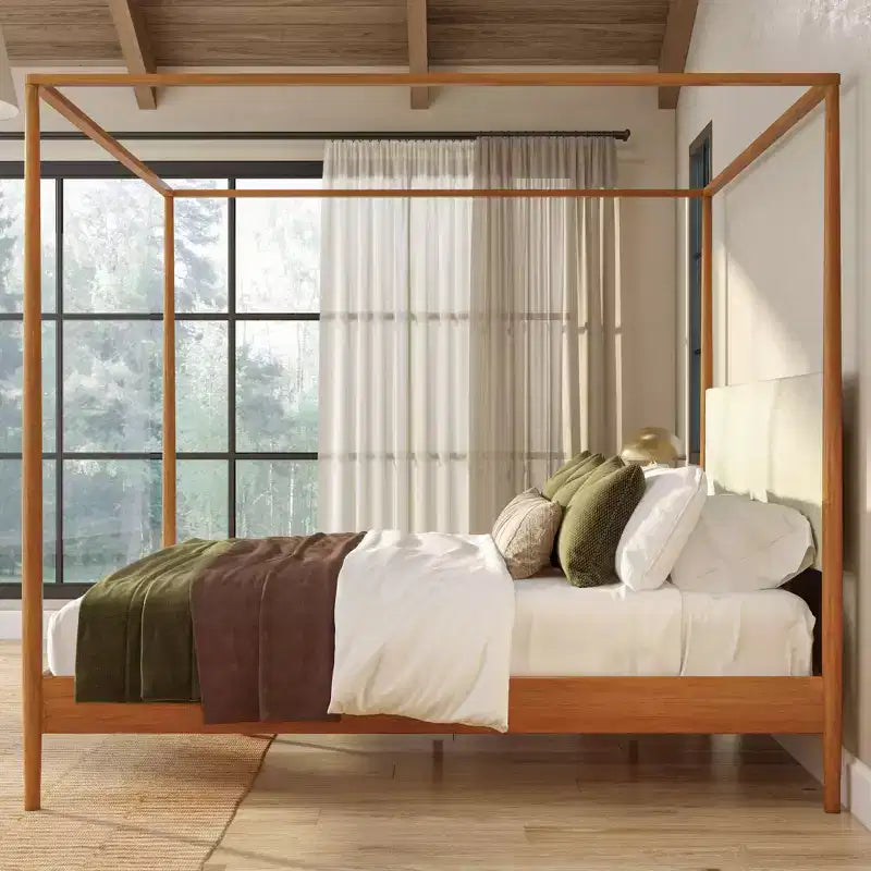 Letto king-size a baldacchino Harbor con testiera imbottita, biondo/Caffè svizzero (MD2411-01)