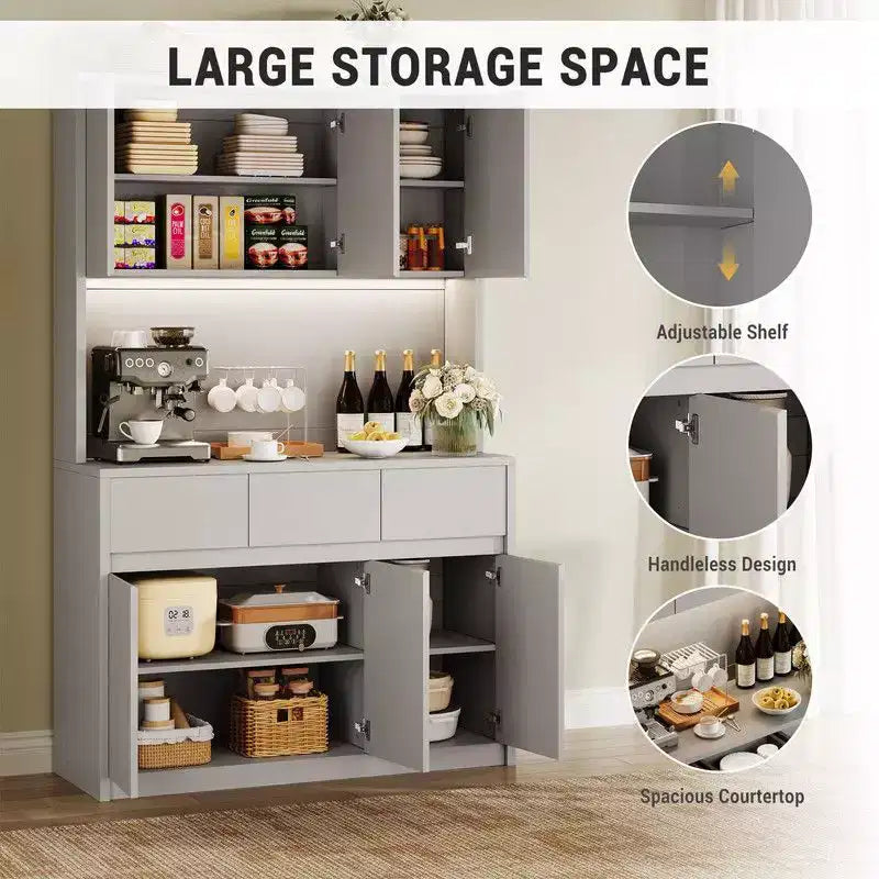 71 inch Kitchen Pantry Cabinet, Hutch Storage with Led Lights and Power Outlets, Buffet Cabinet with Microwave Stand, Adjustable Shelves