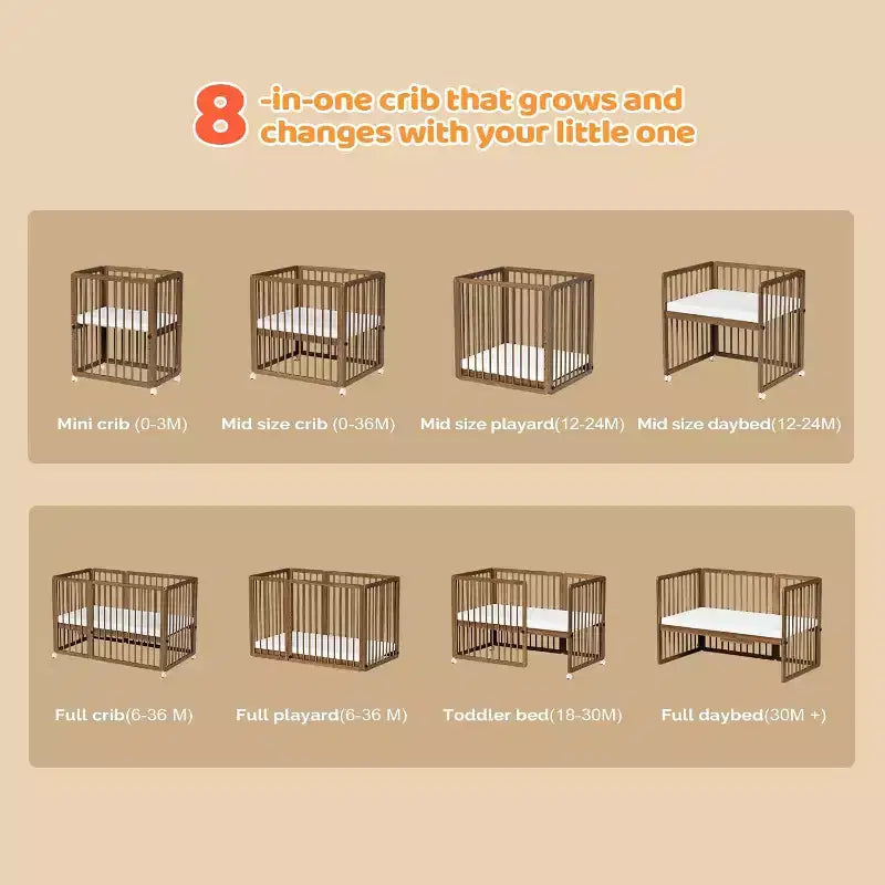 JOYMOR 8 in 1 Convertible Crib, Include 2 Mattress, Converts to Bassinet, Mid Crib, Full Size Crib, Daybed,Toddler Bed and Playard