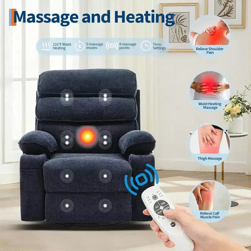 Massagesessel mit Wippfunktion und Wärme, um 360° drehbarer Gleitsessel für Erwachsene, Leinen-Sessel für das Kinderzimmer mit Seitentasche und zwei Getränkehaltern