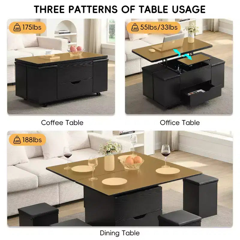 Table basse moderne multifonctionnelle relevable avec rangement dissimulé, 4 tabourets et roulettes, idéale pour les espaces de vie modernes
