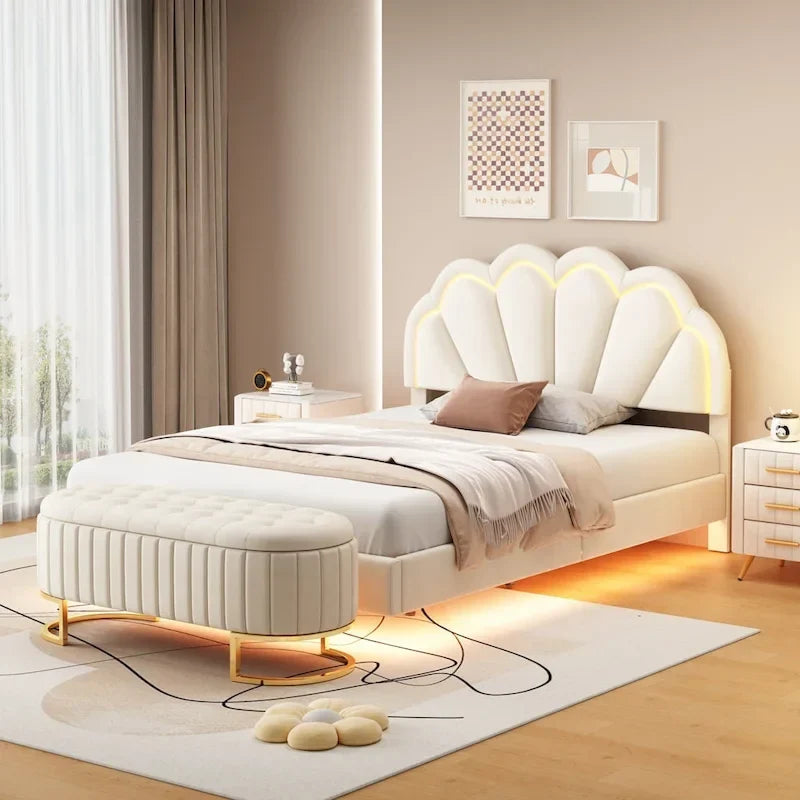 2-teiliges Schlafzimmer-Set: LED-Polsterbett in voller Größe mit Stauraumhocker