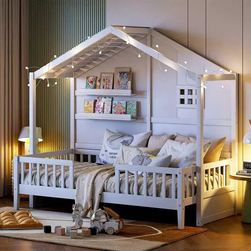 Twin Size House Bed with Storage Shelves and Rails, Wood Kids Montessori Bed Frame with Window and Sparkling Light Strip