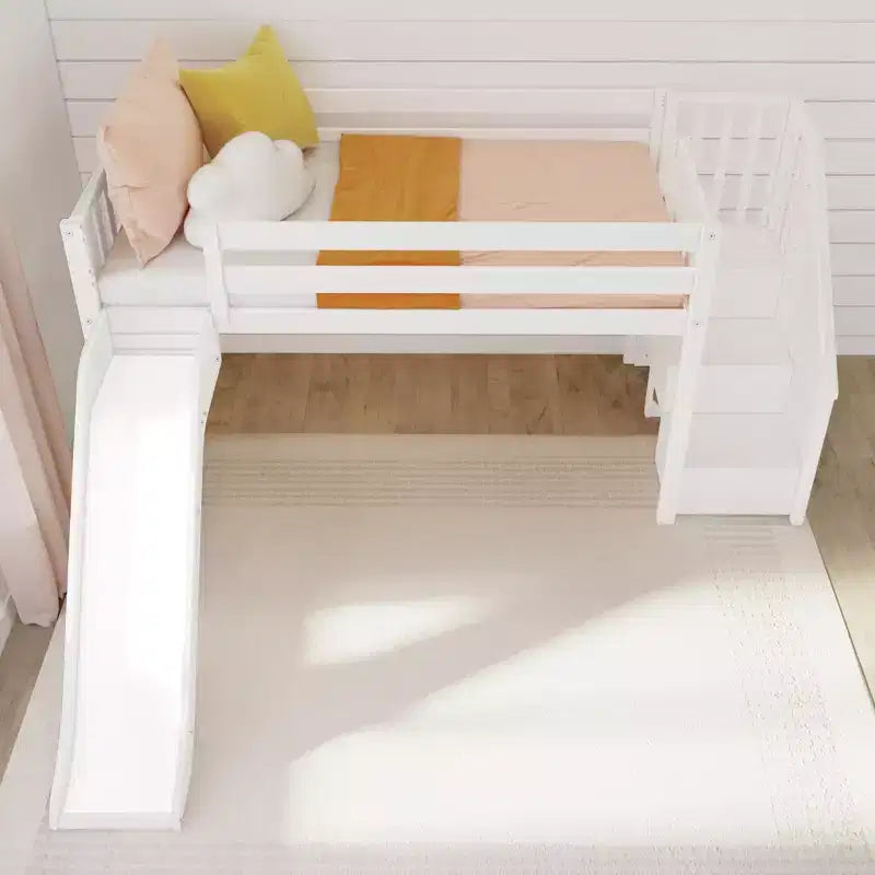 Letto basso rialzato singolo per bambini con scivolo e scaletta, in legno massello, 14 sponde di sicurezza, portata di 400 lb