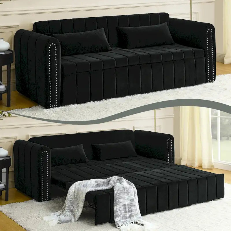 Canapé-lit lounge convertible moderne en velours, avec accoudoirs arrondis décorés de clous cuivrés