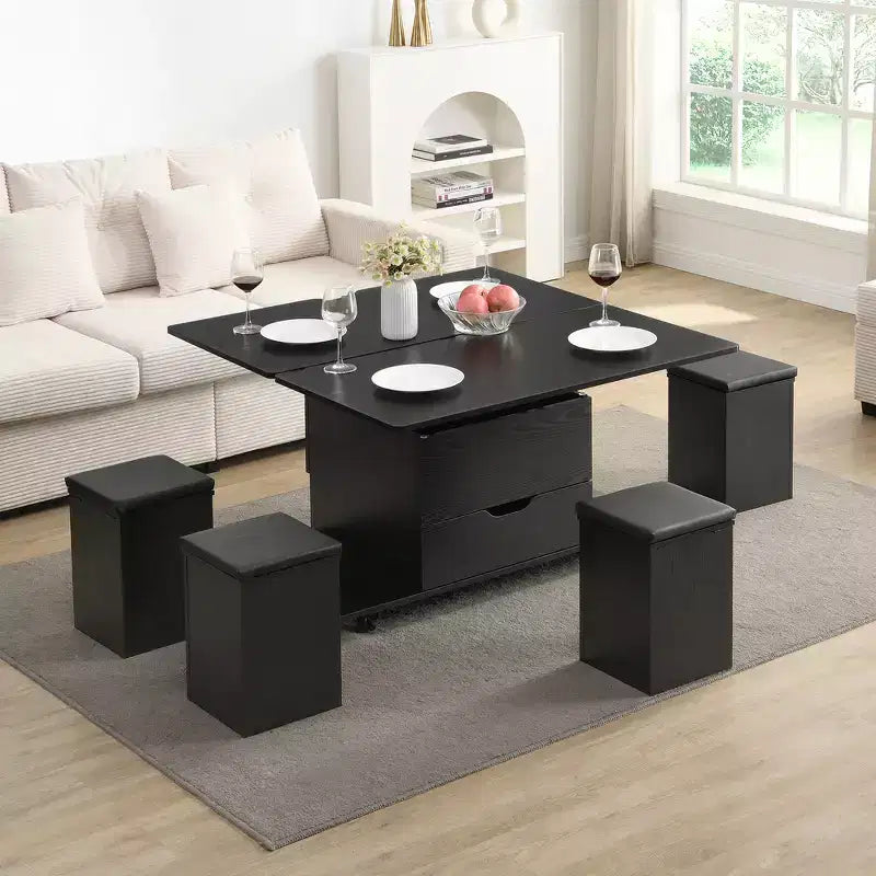 Table basse moderne multifonctionnelle relevable avec rangement dissimulé, 4 tabourets et roulettes, idéale pour les espaces de vie modernes