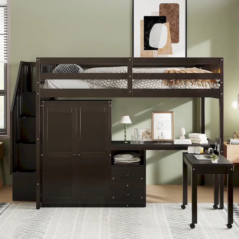 Hochbett in Full-Size mit Treppe, Bücherregal, Schreibtisch und Kleiderschrank – platzsparendes Multifunktionsmöbel für Kinder und Jugendliche – Weiß