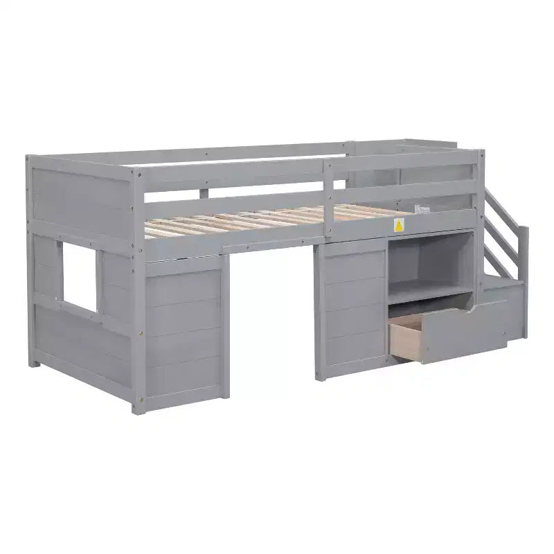 Okak Solid Wood Twin Loft Bed with Stairs & Storage,Low Profile Bunk Beds Twin with Drawers & Shelves,Multi-Functional Loft Beds for Kids,Teens