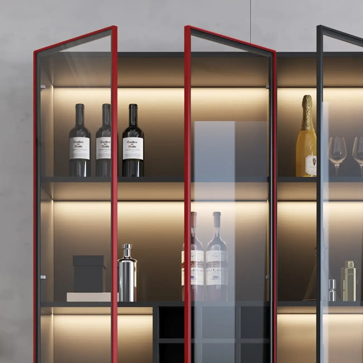 Minimalistischer schwarzer Weinschrank aus Holz mit Glastür