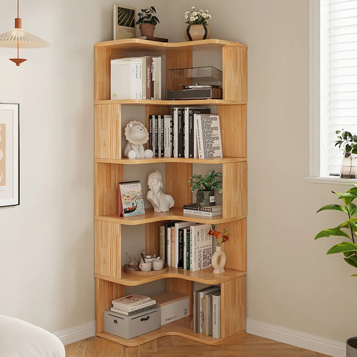 Bibliothèque verticale en bois en forme de L, finition naturelle, dos ouvert