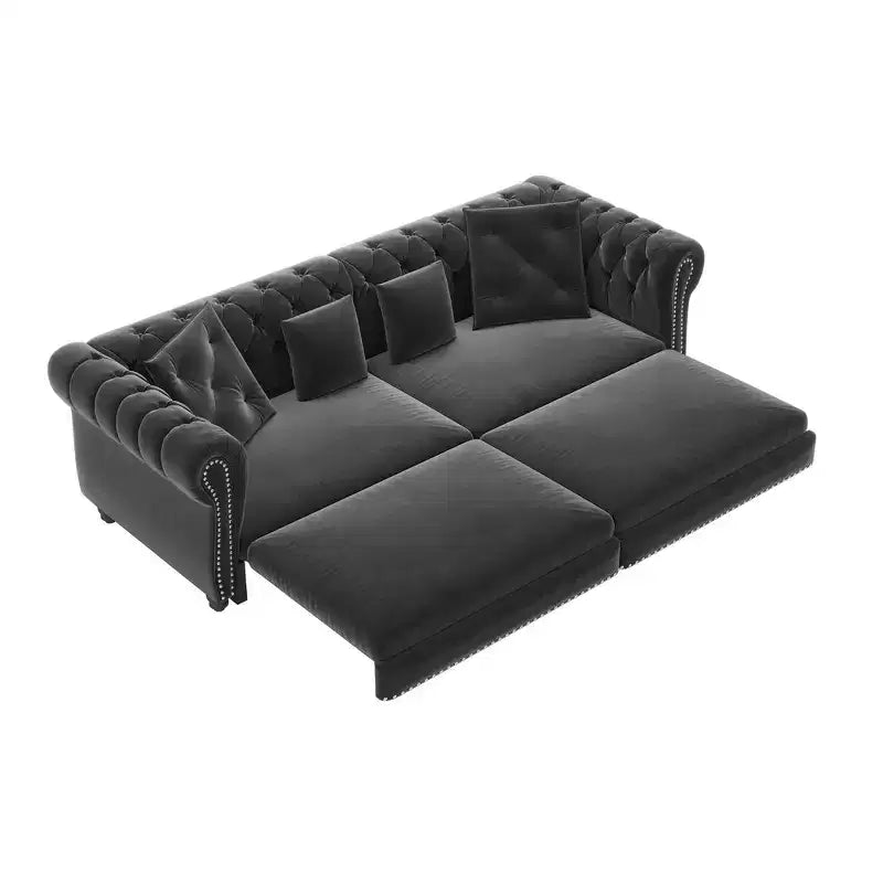 Whisen Samt-Schlafsofa in King-Size mit Ausziehfunktion und 3-in-1-Funktion, wandelbares Schlafsofa mit beweglichem Hocker und Steppdesign