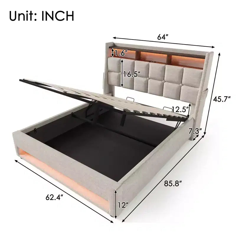 Lit deux places avec rangement hydraulique, LED et USB, tête de lit rembourrée, sans sommier tapissier, montage facile