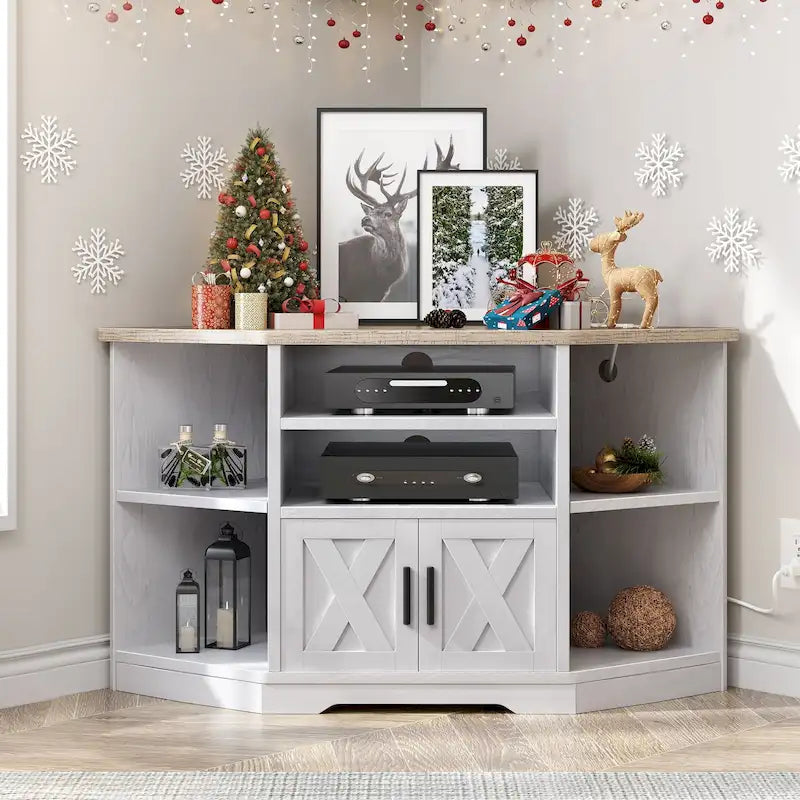Meuble TV d’angle de style maison de campagne, centre de divertissement et console multimédia pour téléviseurs jusqu’à 55 po, avec prise électrique