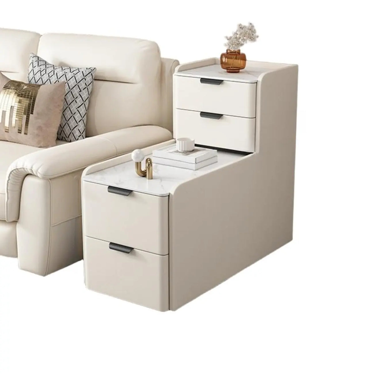 Tavolino laterale alto per divano, in legno a forma di L, con 4 cassetti e piano effetto pietra