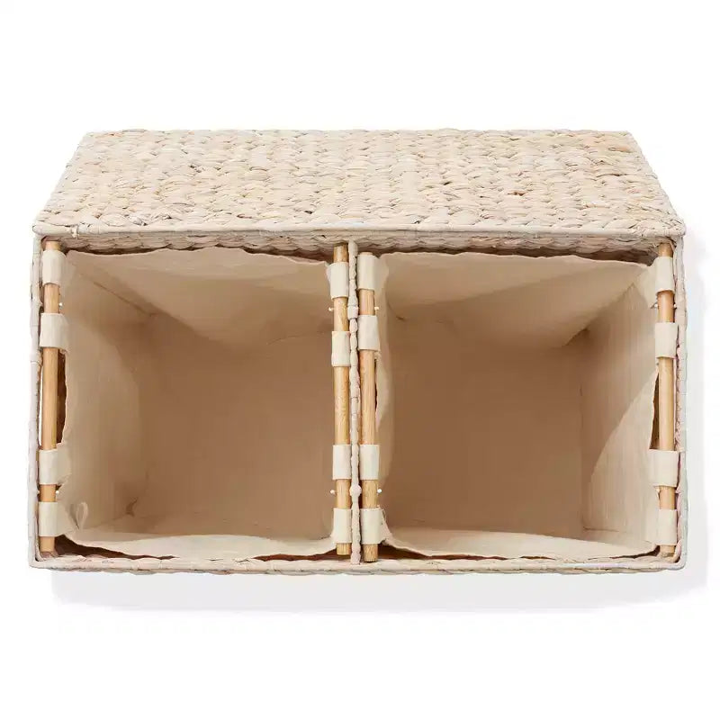 Casafield 2-Section Laundry Hamper with Lid and Removable Liner Bags, Woven Water Hyacinth Laundry Basket Sorter for Clothes