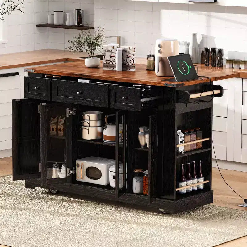 Kitchen Cart with Tempered Glass Doors, Side Racks, Power Outlet, and Drop Leaf