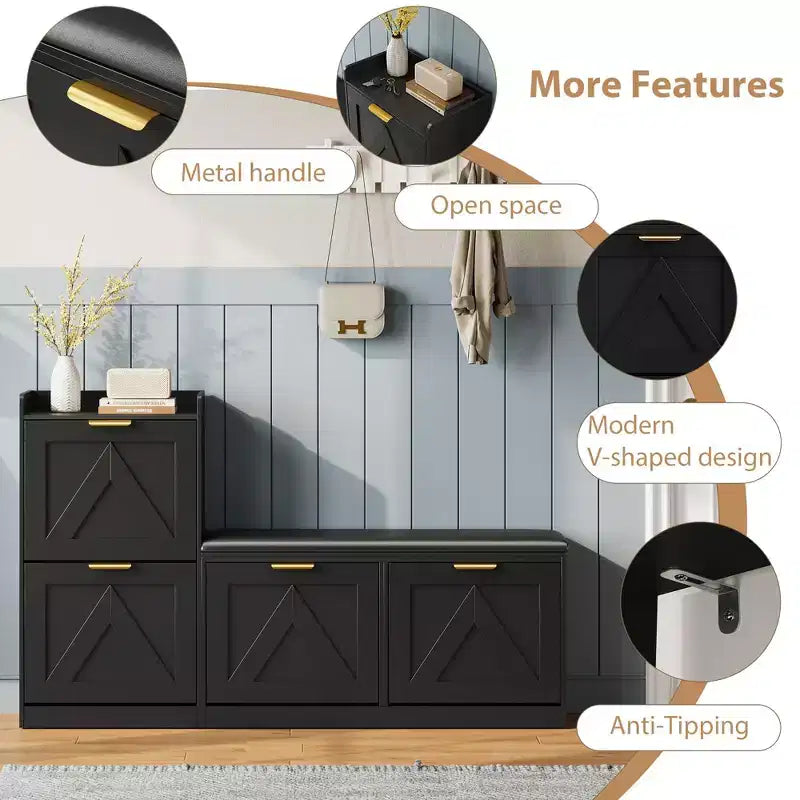 Farmhouse Shoe Cabinet with Bench, 4 Flip Drawers Entryway Shoe Storage Organizer with Comfort Cushioned Seat, Freestanding Shoe Rack Bench