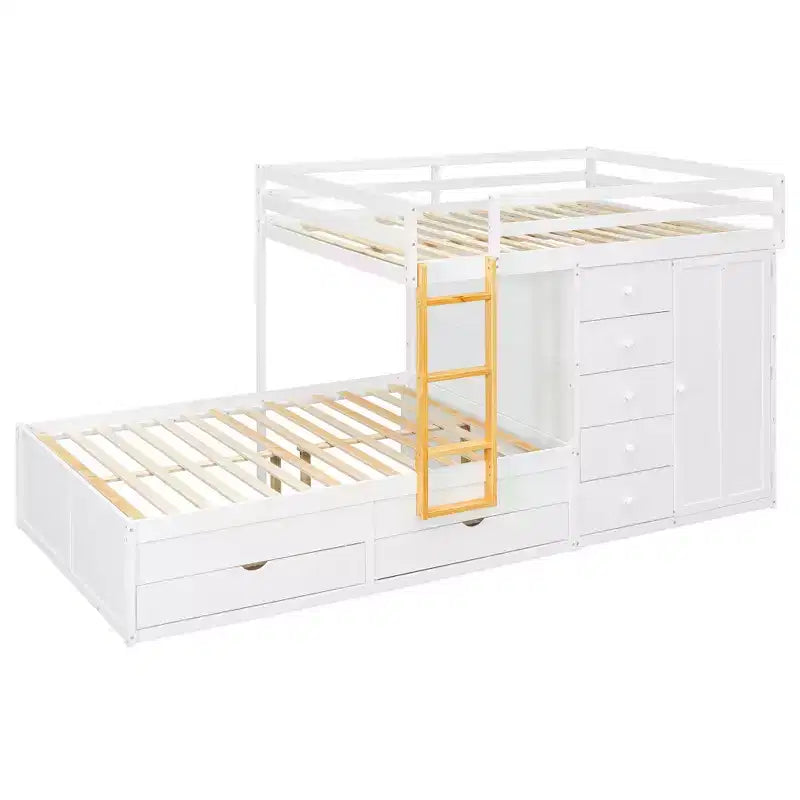 Full over Full Bunk Bed with Storage Wardrobe and Drawers, Full Size Wood Space-Saving Bunk Bed with Guardrail for Apartment, Bedroom