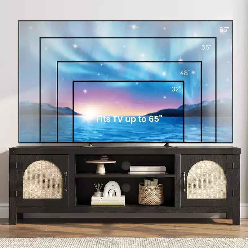 165 cm breiter TV-Schrank im Boho-Stil mit Flechttür – Unterhaltungsschrank aus Holz mit zwei Schränken und verstellbaren Einlegeböden, geeignet für Wohnzimmer