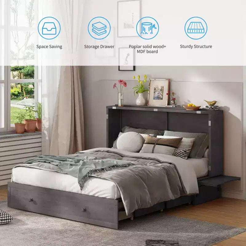 Cama abatible Mjkone tamaño queen, cama tipo armario cúbico con estación de carga y espacio de almacenamiento