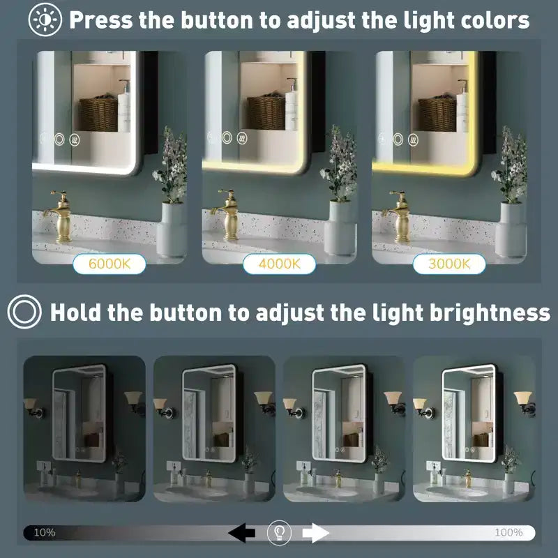 Schwarz/Weiß/Gold LED-Medizinschrank, eine Tür, Anschlag links oder rechts, zum Einbau oder zur Wandmontage