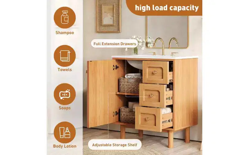 JVNOXK 30-inch Rustic Modern Ceramic Vanity Cabinet with 3 Drawers and 1 Large Soft-Close Door, Storage Cabinet, Natural Wood Grain