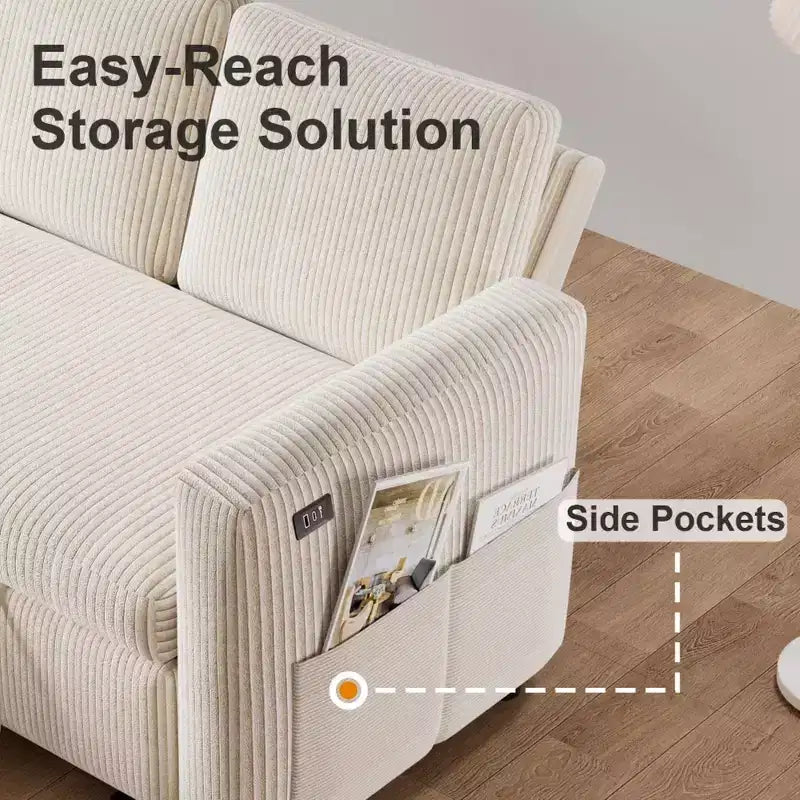 Dyonery 2-in-1-Schlafsofa zum Ausziehen mit Stauraum und Récamiere, Cord-Ecksofa mit USB-Anschlüssen für das Wohnzimmer