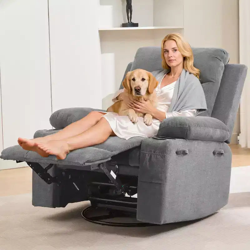 Draaibare relaxfauteuil met massage en warmte, 360°-schommelstoel met bekerhouders en zijvakken, ergonomische loungestoel voor woonkamer, camper en babykamer