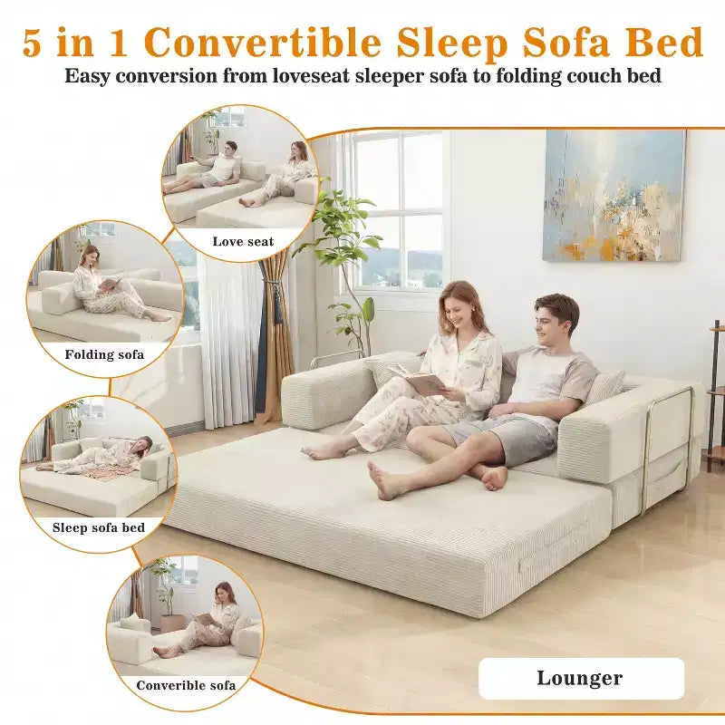 Dyonery 78 klappbares Schlafsofa, Cordbezug, Schlafcouch in King-Size-Größe für den Boden, 4-in-1-DIY-Kombination, modulares Sofa zum Ausklappen, bequem