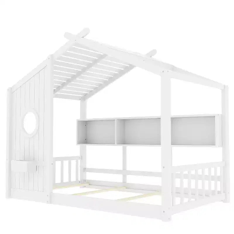 Twin/Full Size House Platform Bed Frame Toddler Floor Bed Kids Montessori Bed Playhouse Bed with Storage Shelf - ModernLuxe