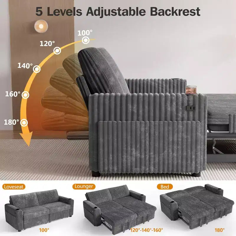 Dyonery 91-delige slaapbank met chaise longue en uitschuifbaar bed, verstelbare rugleuning/twee uitschuifbare bedden/USB-poorten/bekerhouders, zacht corduroy