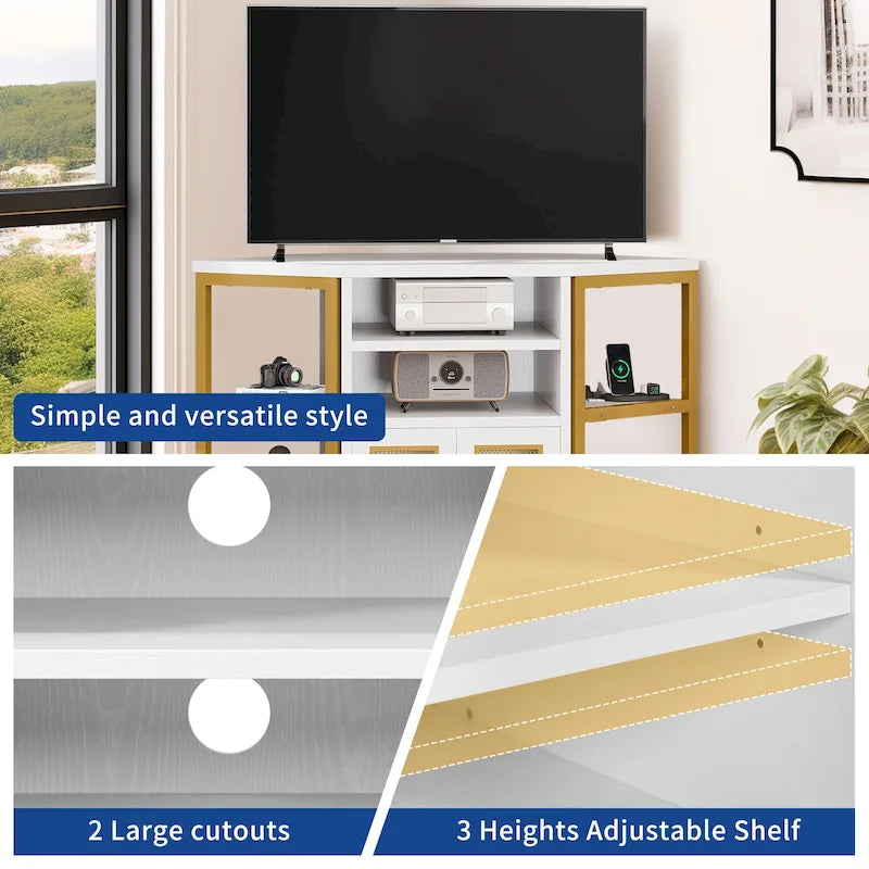 Meuble TV d’angle de style maison de campagne, centre de divertissement et console multimédia pour téléviseurs jusqu’à 55 po, avec prise électrique