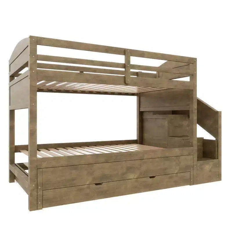 Whisen Twin XL Bunk Bed Frame with Trundle, Bunk Bed with Storage, Bunk Bed with Solid Wood, Storage Staircase, Wardrobe, 3Drawer, for Kids