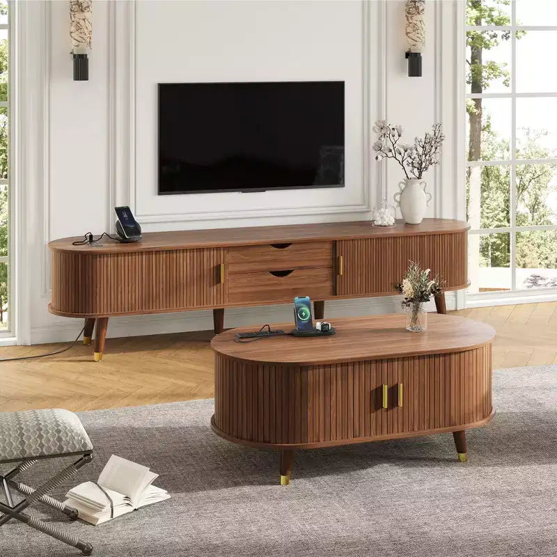 CLIHOME houten tv-meubel en salontafelset in landelijke stijl met oplaadstation, ovale geribbelde mediaconsole voor tv's tot 80