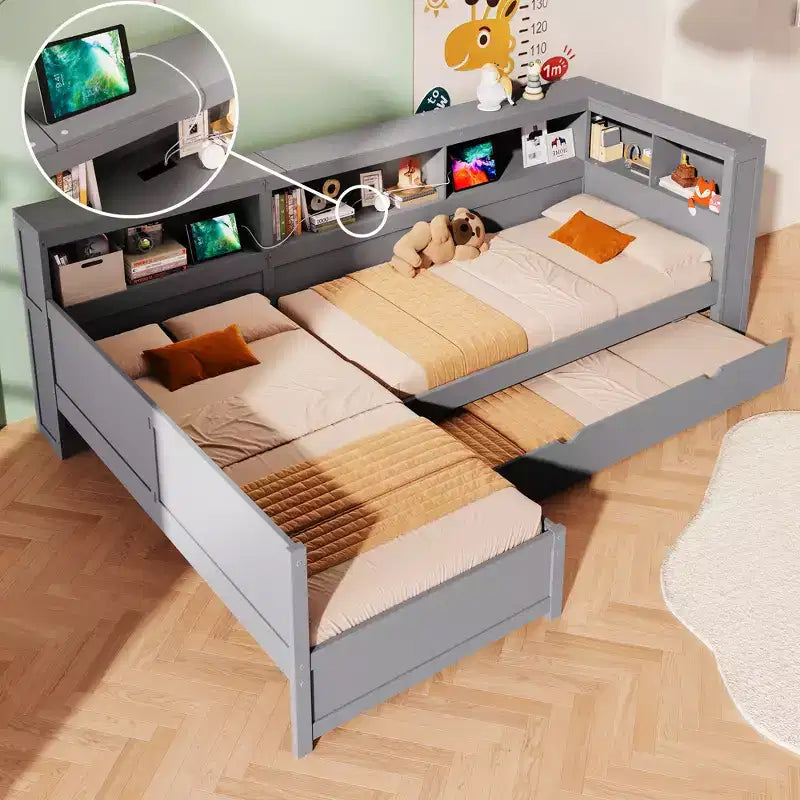 L-förmiges Plattformbett in Twin-Größe mit Ausziehbett und Ladestation, Holzbettrahmen mit Bücherregal