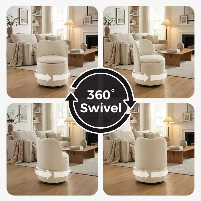 Swivel Vanity Chair with Storage, Upholstered Round Makeup Stool with Back, Soft Padded Barrel Accent Armchair for Bedroom & Living Room