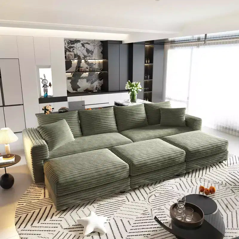 102.4 Pluszowa sztruksowa rozkładana sofa 4-osobowa z pufami - zielona