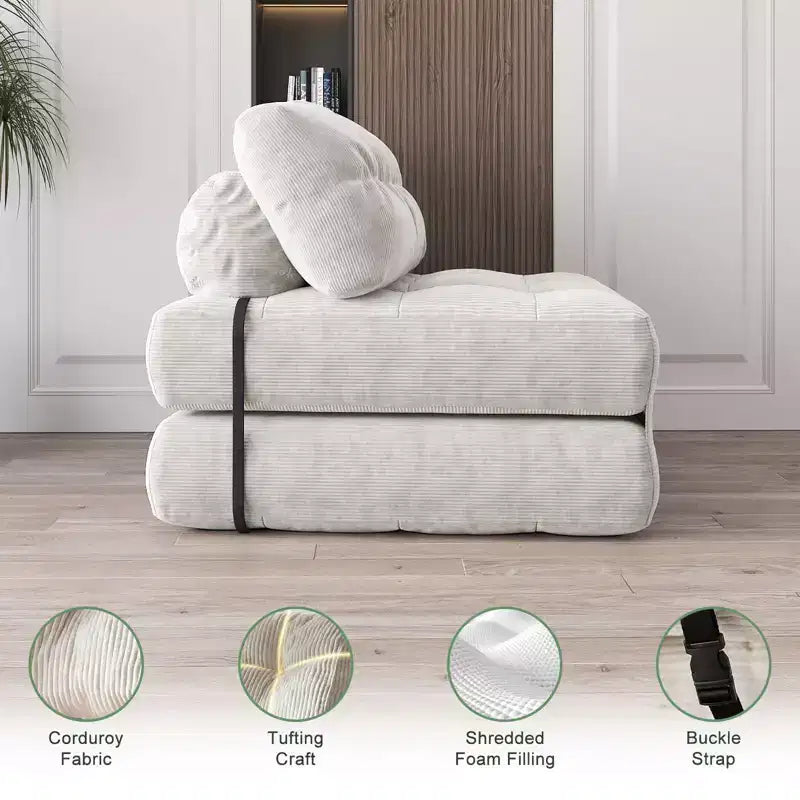 Canapé-lit futon pliant en velours côtelé, fauteuil convertible au sol avec coussin et soutien dorsal, format double