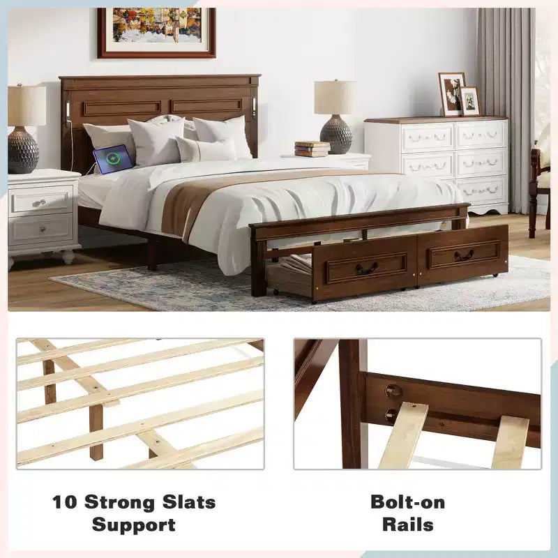 ModernLuxe platformbed voor eenpersoons- of tweepersoonsformaat met hoog hoofdbord, rustiek houten bedframe met 2 laden, ledverlichting en USB-poorten