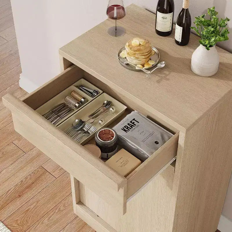 Tiltable Trash Can, Natural Oak, Trash Can with Storage and Drawer, Hidden Trash Cabinet, Laundry Basket for Kitchen, Dining Room, Living Room