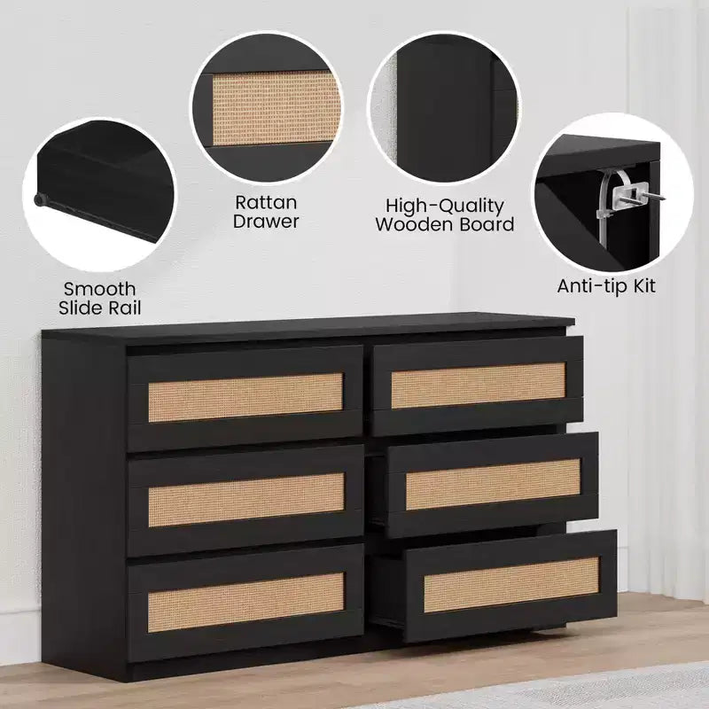 Rattan-Kommode fürs Schlafzimmer mit 6 Schubladen, 119 cm breite moderne Kommode im Landhausstil, Holzschrank mit Stauraum-Organizer für Kleiderschrank, Wohnzimmer und Flur