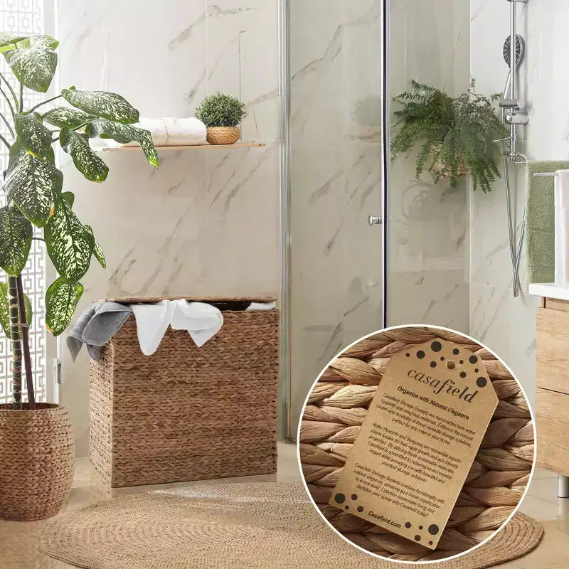 Casafield 2-Section Laundry Hamper with Lid and Removable Liner Bags, Woven Water Hyacinth Laundry Basket Sorter for Clothes