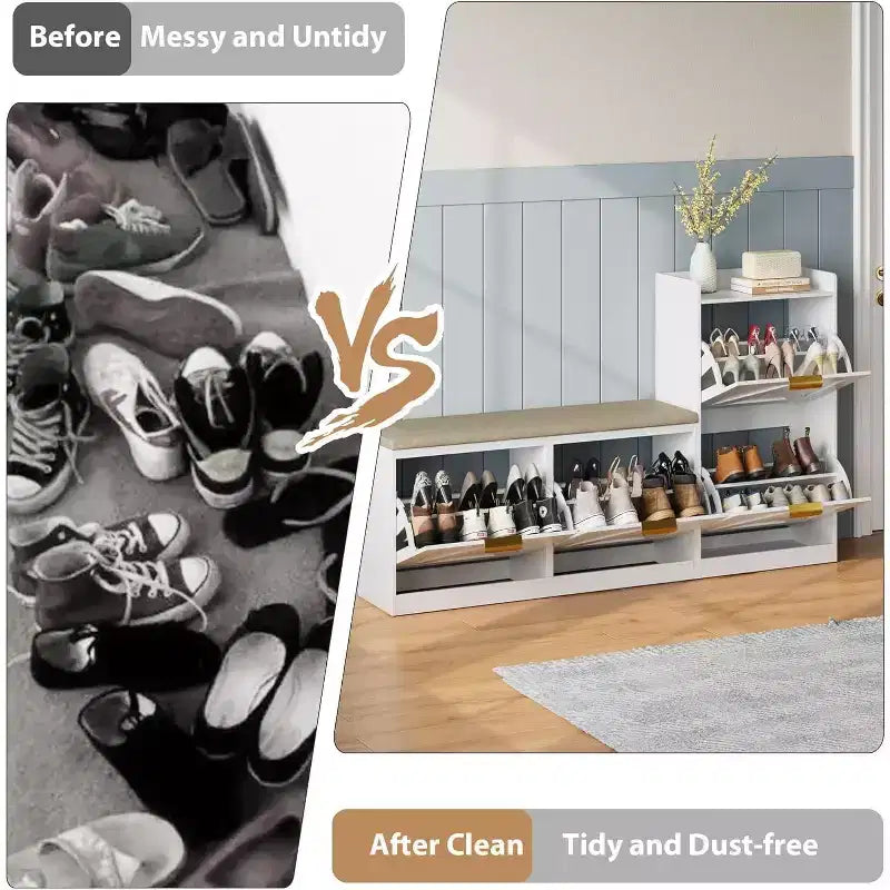 Szafka na buty z ławką i 4 uchylnymi szufladami – wąski organizer do przedpokoju na 35–40 par
