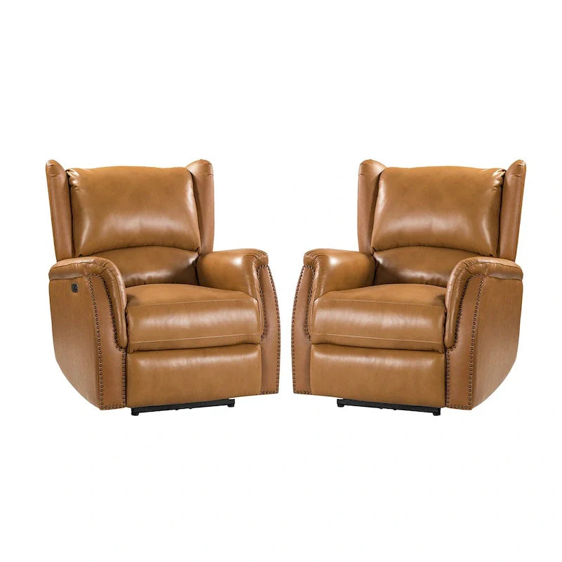 Genuine Leather Power Recliner with USB Port 鈥?Wingback Nailhead Set of 2