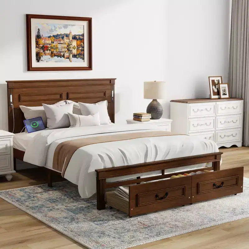ModernLuxe platformbed voor eenpersoons- of tweepersoonsformaat met hoog hoofdbord, rustiek houten bedframe met 2 laden, ledverlichting en USB-poorten