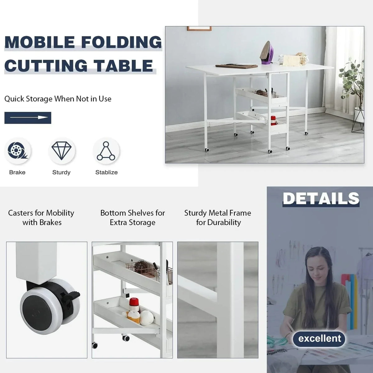 Tavolo da lavoro per hobbistica regolabile in altezza con ripiani contenitori, tavolo da taglio pieghevole e mobile per ufficio domestico, stanza da cucito o stanza creativa