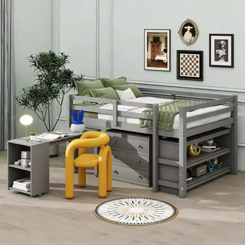 Full Size Low Loft Bed with Rolling Desk, 3 Drawers and Shelves