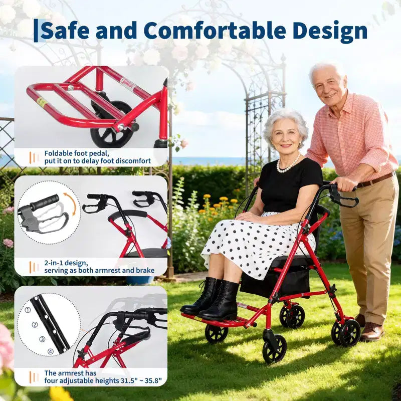 Silla de ruedas portátil plegable para adultos, capacidad de 299 lb, 6 ruedas, altura ajustable, almacenamiento bajo el asiento, asiento cómodo y reposapiés