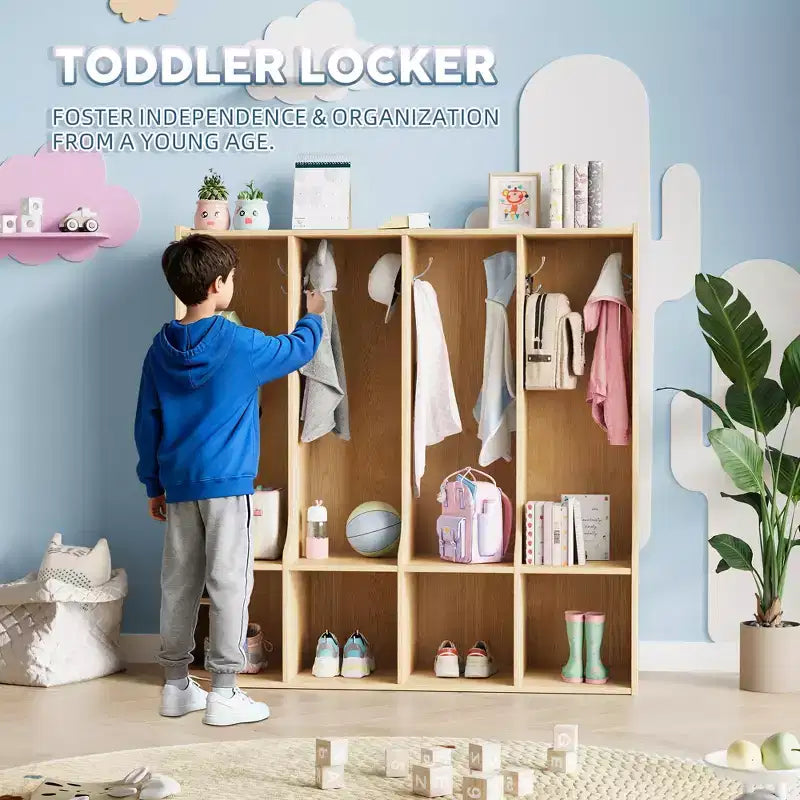 Braun-weißer Garderobenschrank mit 4 Fächern und 8 Haken für Kinder