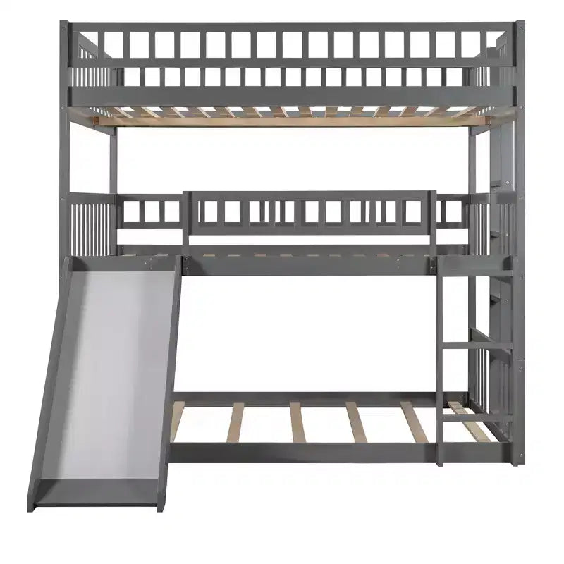 Stapelbed voor drie personen, full-over-full, met ombouwbare ladder en glijbaan, driepersoonsbed met valbeveiliging, wit/grijs/espresso - ModernLuxe